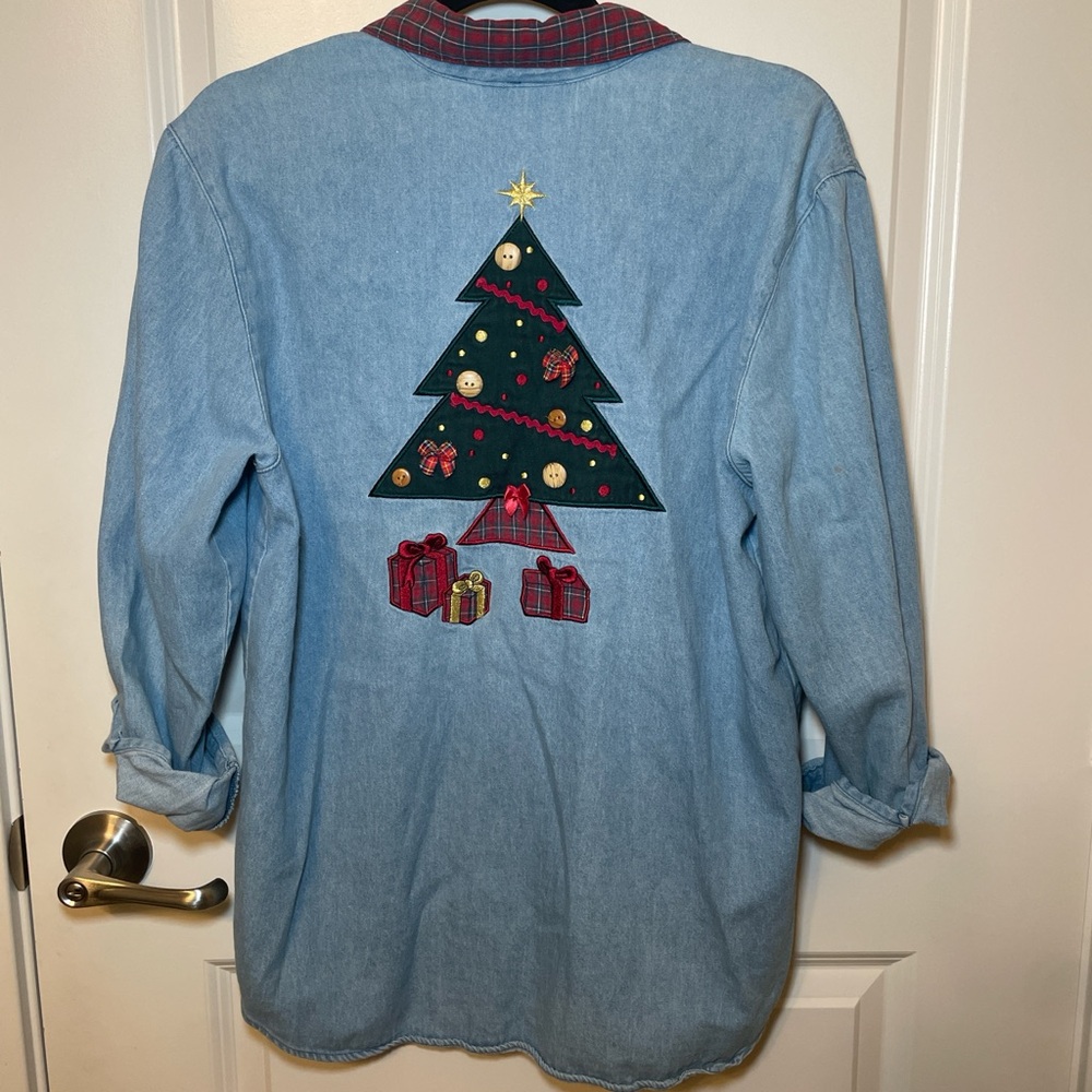 Karen Scott Denim Shirt with Christmas Tree Design